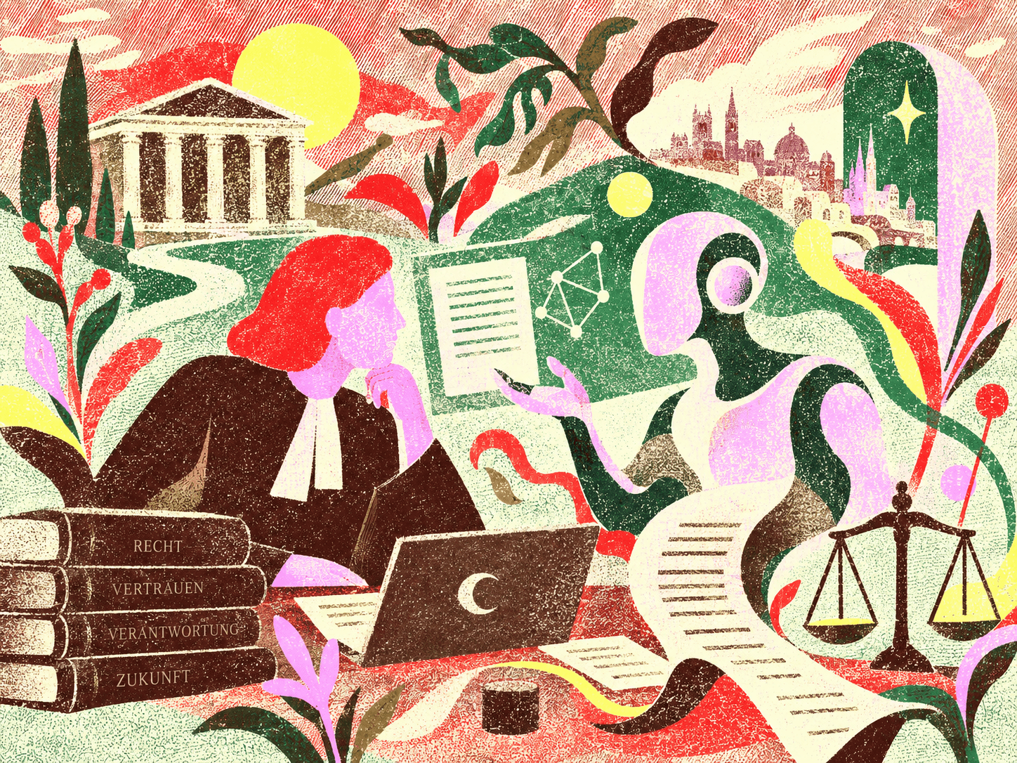 Illustration zu Ciprè: eine Juristin am Schreibtisch, daneben eine Figur mit Dokument und Wissensgraph, im Vordergrund Bücherrücken mit den Wörtern Recht, Vertrauen, Verantwortung und Zukunft.