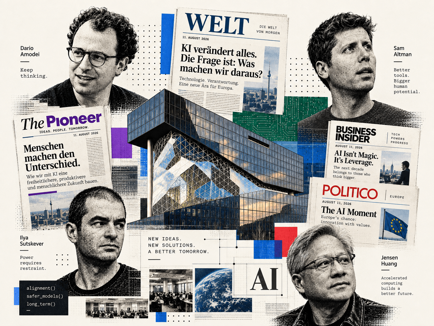 Bildmontage: Titelseiten von WELT, The Pioneer, Business Insider und POLITICO mit erfundenen Schlagzeilen zur Künstlichen Intelligenz, dazu Porträts von Dario Amodei, Sam Altman, Ilya Sutskever und Jensen Huang vor dem Axel-Springer-Neubau.