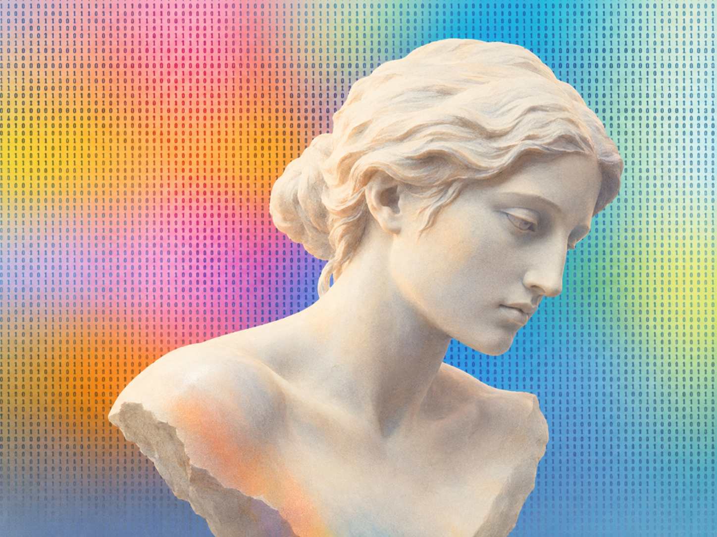 Illustration zum Feuilleton: eine antike Marmorbüste vor einer Wand aus Nullen und Einsen in einem Regenbogenverlauf.